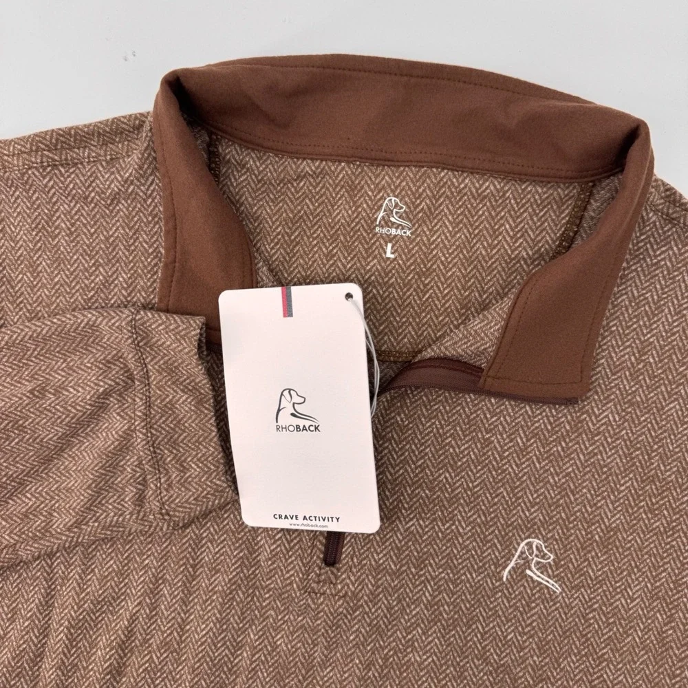 Rhoback Q-Zip Pullover Mens Large Brown Herringbone Jacquard Performance 1/4 Zip